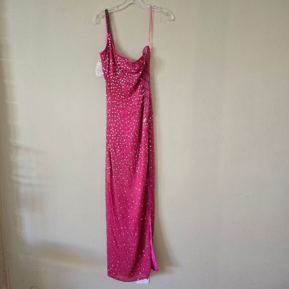Vintage PANOPLY Pink Sequin One-Shoulder Silk Dress Embellished Sz 6 Y2K Glam - Picture 7 of 15